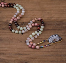 Load image into Gallery viewer, Freeform Drusy Agates Slice Pendant 8mm Natural Rhodonite Stone Beads Cord Knotted Handmade Necklace Long 32 Inch N0421AMCC