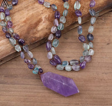 Load image into Gallery viewer, Rainbow Fluorite Stone Beads Mala Necklace Double Point Amethysts Quartz Knot Necklace Healing Jewelry Long 32 Inch N0261AMCD
