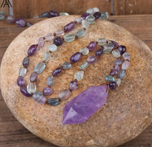 Load image into Gallery viewer, Rainbow Fluorite Stone Beads Mala Necklace Double Point Amethysts Quartz Knot Necklace Healing Jewelry Long 32 Inch N0261AMCD