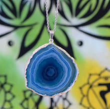 Load image into Gallery viewer, Blue Agate Slice Pendant Necklace 26" Silver Chain Geode Druzy Crystal