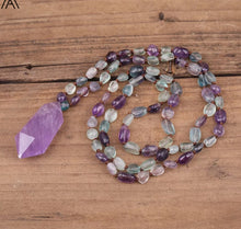 Load image into Gallery viewer, Rainbow Fluorite Stone Beads Mala Necklace Double Point Amethysts Quartz Knot Necklace Healing Jewelry Long 32 Inch N0261AMCD
