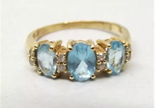 Load image into Gallery viewer, Vtg 14K Gold Blue Topaz Diamond Ring Sz 7.75 Triple Stone .08 Carat TCW EState