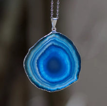 Load image into Gallery viewer, Blue Agate Slice Pendant Necklace 26" Silver Chain Geode Druzy Crystal