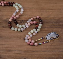 Load image into Gallery viewer, Freeform Drusy Agates Slice Pendant 8mm Natural Rhodonite Stone Beads Cord Knotted Handmade Necklace Long 32 Inch N0421AMCC