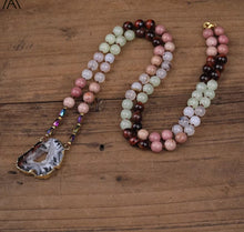 Load image into Gallery viewer, Freeform Drusy Agates Slice Pendant 8mm Natural Rhodonite Stone Beads Cord Knotted Handmade Necklace Long 32 Inch N0421AMCC