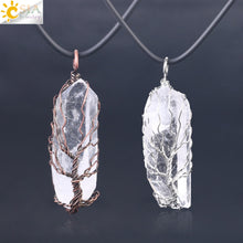 Load image into Gallery viewer, CSJA Natural Crystal Pillar Big Pendants Antique Copper Wire Wrapped Tree of Life Quartz Pendant for Necklace PPC Chain F554