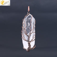 Load image into Gallery viewer, CSJA Natural Crystal Pillar Big Pendants Antique Copper Wire Wrapped Tree of Life Quartz Pendant for Necklace PPC Chain F554