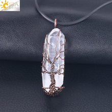 Load image into Gallery viewer, CSJA Natural Crystal Pillar Big Pendants Antique Copper Wire Wrapped Tree of Life Quartz Pendant for Necklace PPC Chain F554