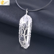 Load image into Gallery viewer, CSJA Natural Crystal Pillar Big Pendants Antique Copper Wire Wrapped Tree of Life Quartz Pendant for Necklace PPC Chain F554